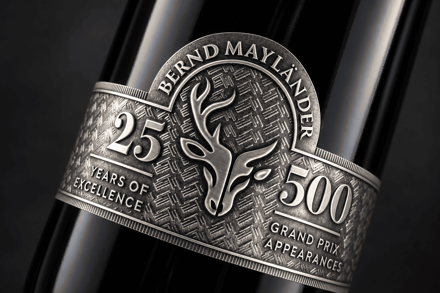 Primer plano de una botella de vino Mayländer con una etiqueta conmemorativa por sus 25 años.
